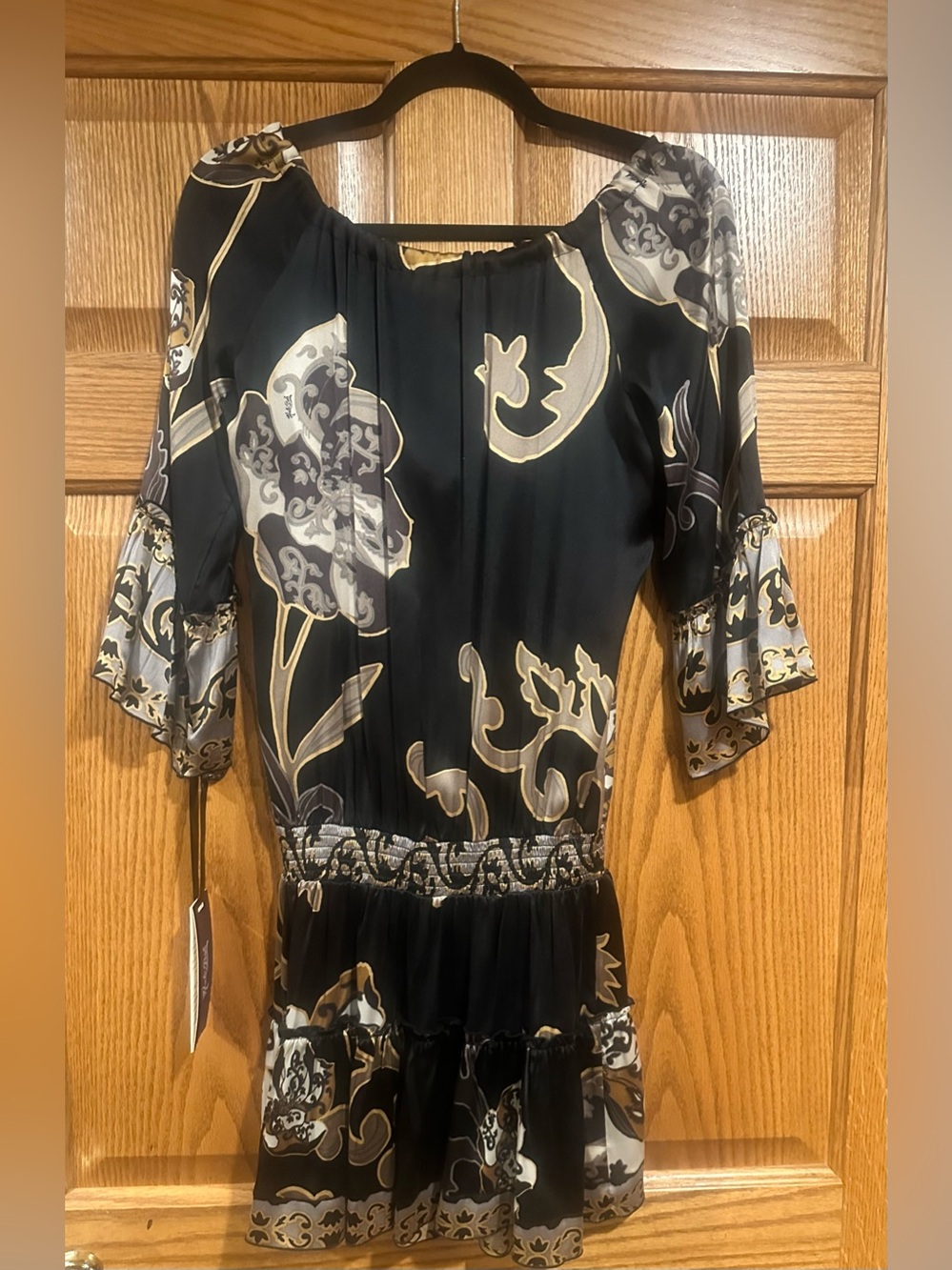 Hale Bob Black and Beige 100% Silk Floral Tie-Neck Tiered Mini Dress NWT XS - Picture 3 of 7